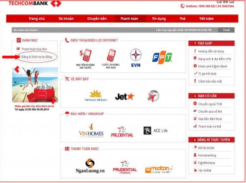 Chọn dịch vụ thanh toán hóa đơn trên iBanking TCB