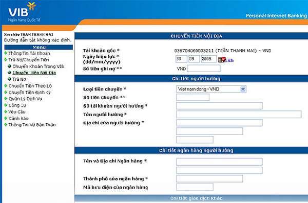 Cách chuyển khoản trên Internet banking VIB