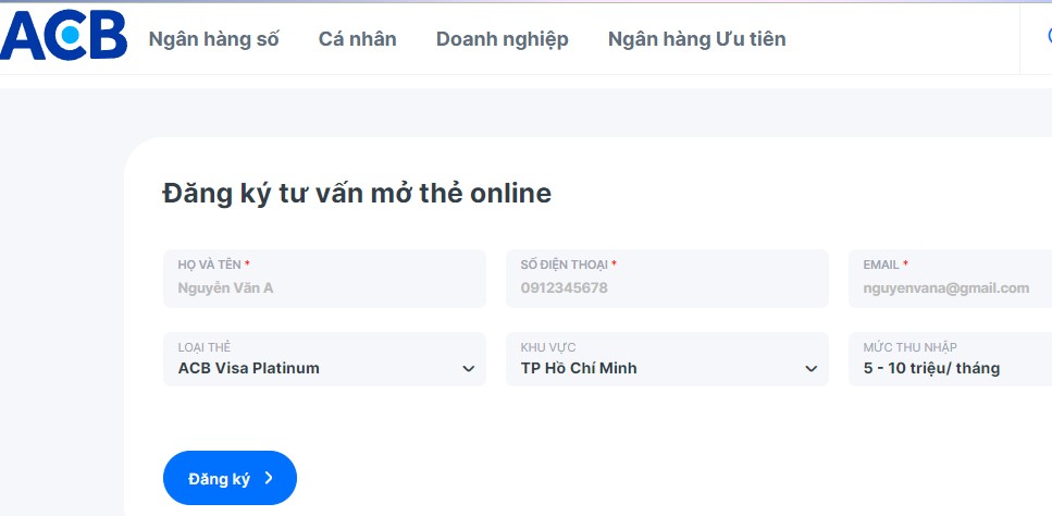 Mở thẻ visa Debit ACB online 